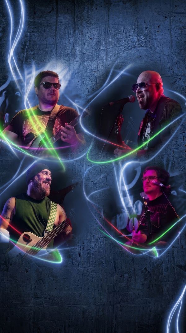 Collage of the four band members playing, wrapped in neon light trails
