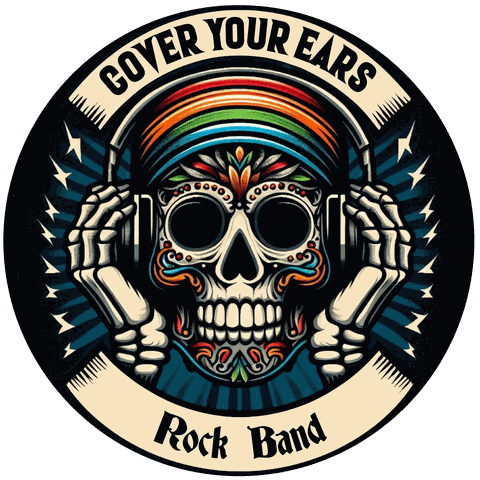 Cover Your Ears Rock Band logo: a sugar skull wearing headphones and a rainbow headband